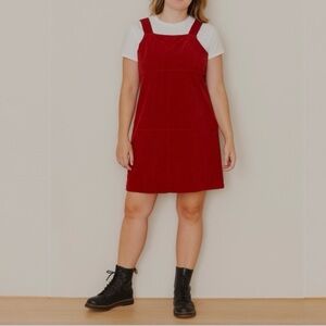 🇨🇦 Vintage Faux Suede Square Neck Pinafore Burgundy Red Jumper Overalls Dress 10